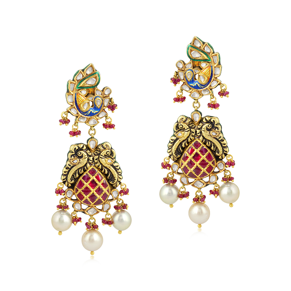 Peacock Stud Earrings with Polki, Ruby Talafs, and Pearls